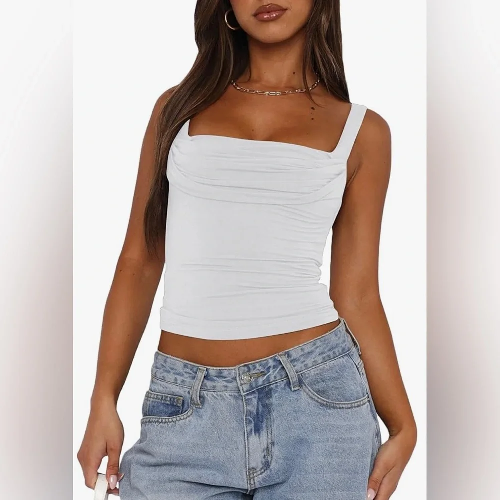 NWT Sleeveless Square Neck Strappy Tank Top Ruched Backless Crop Camisole Top